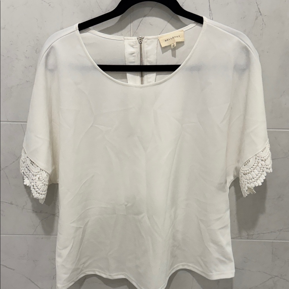 MELLODAY Cream Short Sleeve Crochet Trim Blouse